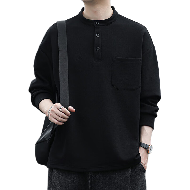 Dingfengbaoluo American Streetwear Men's Long Sleeve T-Shirt Spring Summer Crewneck Sweatshirt Loose Casual Base Shirt MT41 Black XL