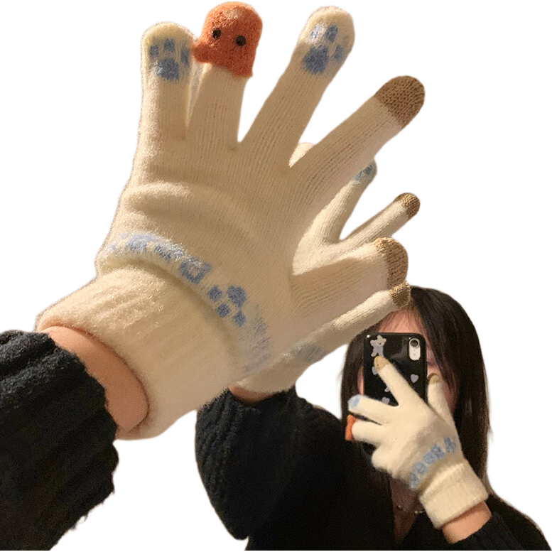 XUEXIMAN Plush Knitted Five-Finger Gloves Women's Winter Warm Thickened Student Touchscreen Cycling Cold Windproof Gloves