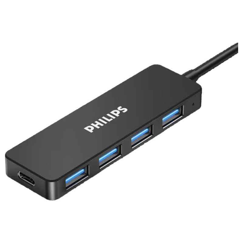 PHILIPS USB3.0 Hub, High-Speed Expansion 4-Port Hub, Laptop Five-In Adapter Converter Extension Cable with Type-C Power Port, 1 Meter