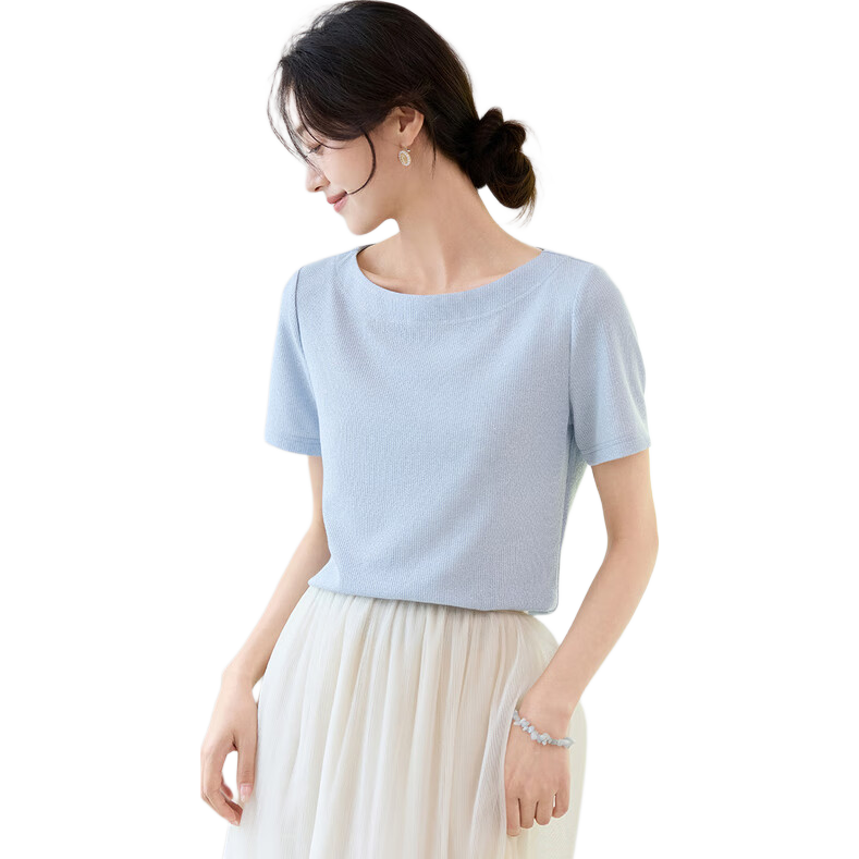 Shangdu Bila Off-Shoulder Boat Neck Double Needle Stitching T-Shirt for Women Summer Elegant Commuter Stretch Ribbed Knit Top