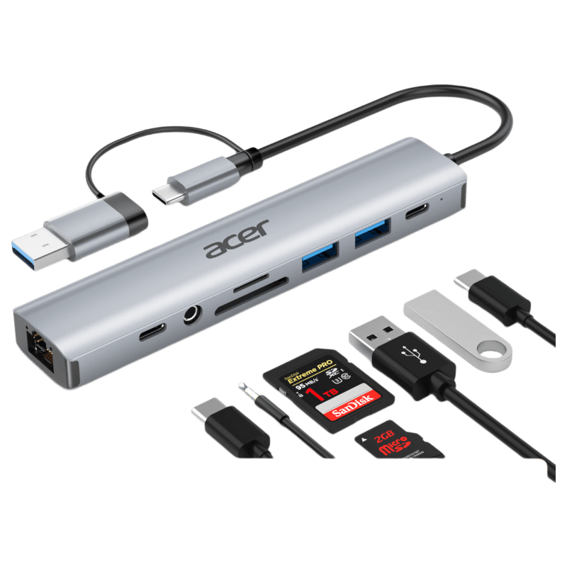 Acer Type-C 9-in-1 Docking Station USB Hub with Ethernet Port and SD/TF Card Reader Expansion for Laptop MacBook Huawei Adapter Converter