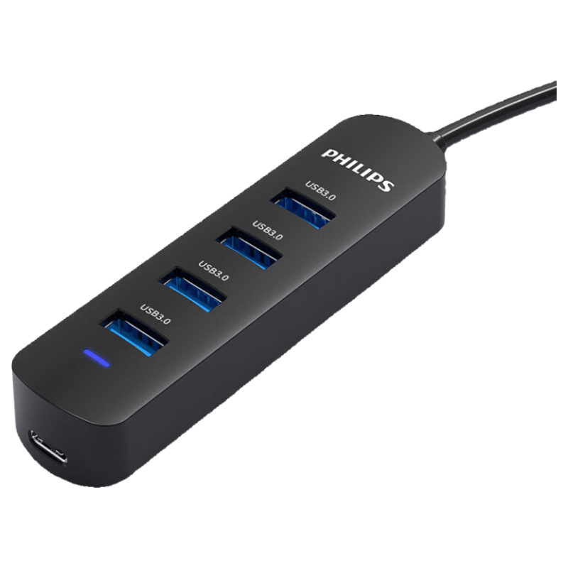PHILIPS USB3.0 Hub, High-Speed 4-Port Expansion Dock, Compatible with Laptops And Desktop Computers, Multi-Port Adapter with Power Supply Port, 1 Meter Cable