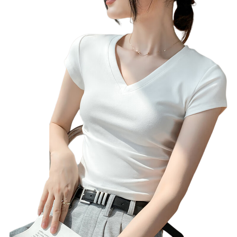XUEXIMAN Women's Summer T-Shirt, Stylish And Simple Design, Slim Fit with Waist-Cinching V-Neck, Wrinkled High Cotton Short Sleeves for Wome