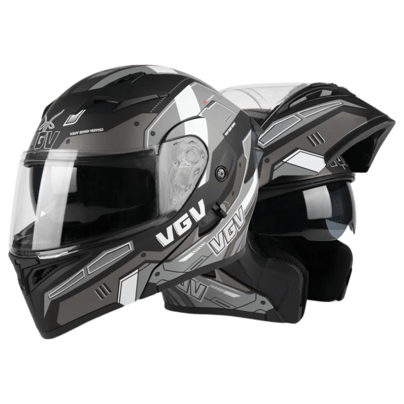 VGV Motorcycle Helmet 3C Certified Full Face Four Seasons Warm Double Lens Flip-up Helmet Mechanical Black M