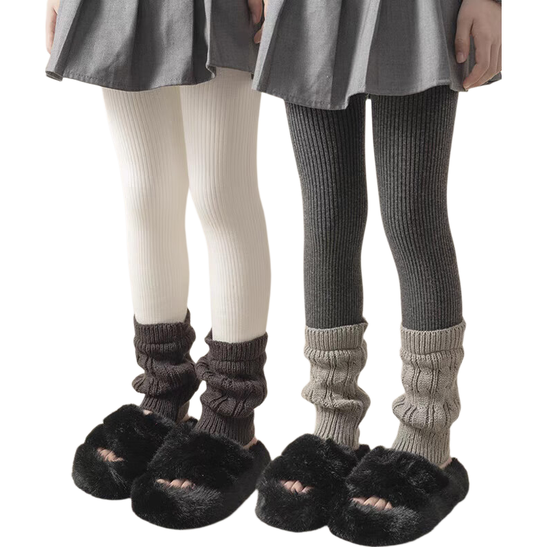 LangSha Girls' Fleece-Lined Thickened Autumn Winter Stacked Socks Tights Children's Winter Base Pants Baby Outdoor Long Pants