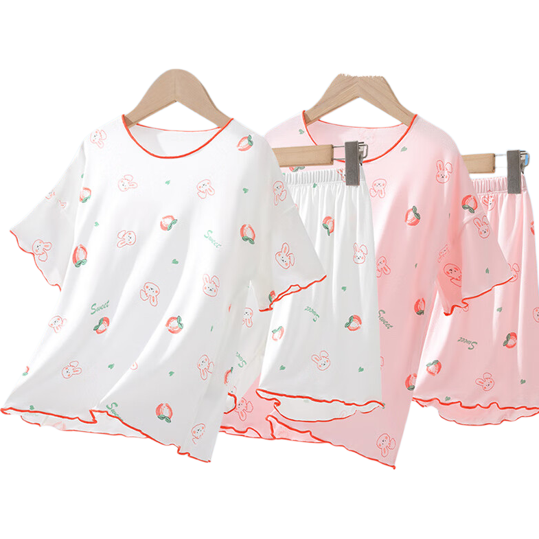 LangSha Girls' Modal Pajamas, Summer Ice Silk Thin Style, Children's Home Wear, New Girls' Short-Sleeve Shorts Set