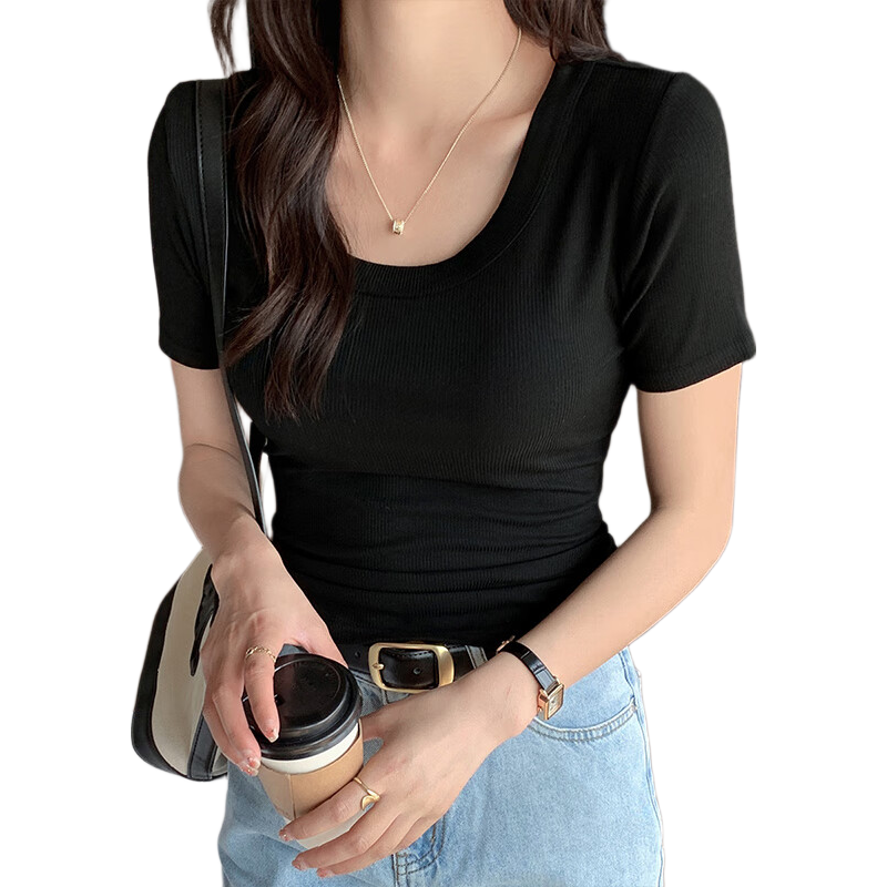 Langsha Women's Summer Ribbed Short Sleeve T-Shirt 2025 New Slim Fit Crew Neck Top Outerwear