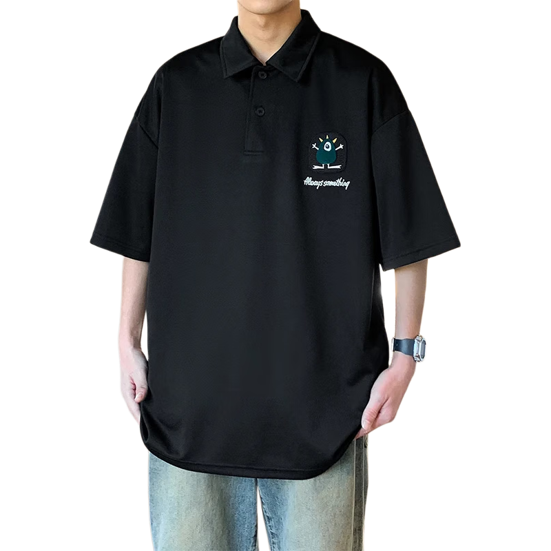 Foss Phil Short-Sleeve Polo Shirt for Men And Women, Summer Casual Loose Versatile Ice Silk Lapel American-Style T-Shirt, 226 Black 2XL