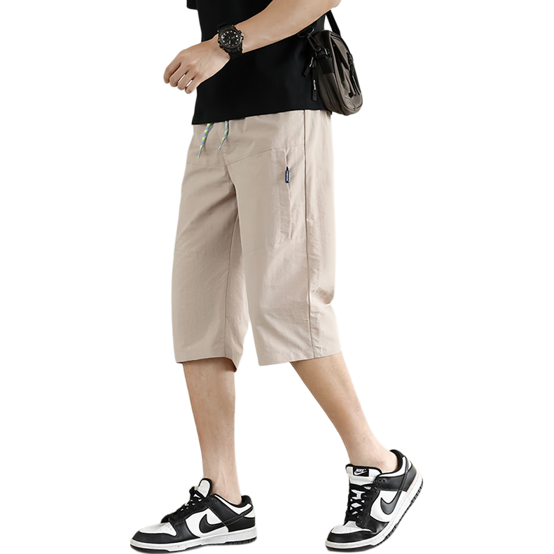 Foss Phil Men's Summer Ice Silk Lightweight Loose Casual Straight-Leg Quick-Dry Capri Shorts 0002 Khaki M
