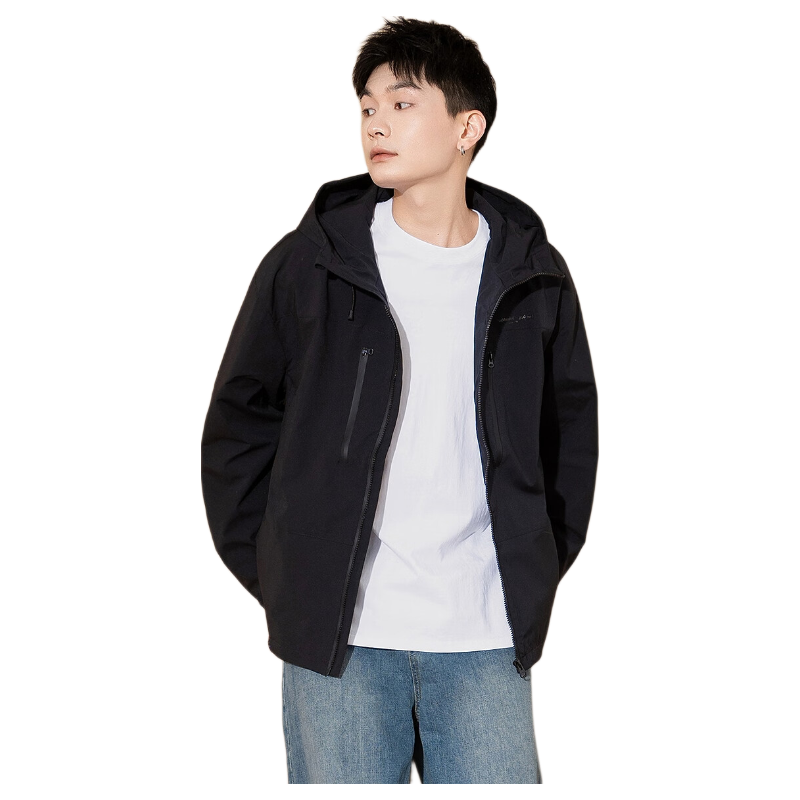 TonLion 2025 Spring Men's Hooded Front Chest Print Workwear Jacket, Black, M