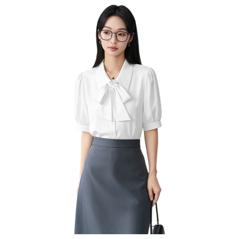 Bodexiaojie White Short-Sleeve Blouse for Women, Urban Daily Commute Outfit, Petite Chiffon Top, Interview Professional Shirt, XL