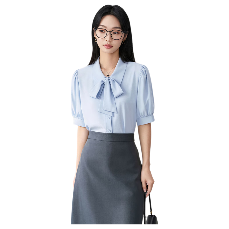 Bodexiaojie Blue Short-Sleeve Shirt for Women, Urban Daily Commute Outfit, Petite Chiffon Blouse, Interview Professional Shirt, Size L