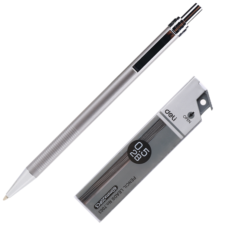 Deli 0.5mm Metal Mechanical Pencil Stationery Set (1 Mechanical Pencil, 20 Lead Refills), Student Handwriting Practice Exam Drawing Activity Pencils, S713