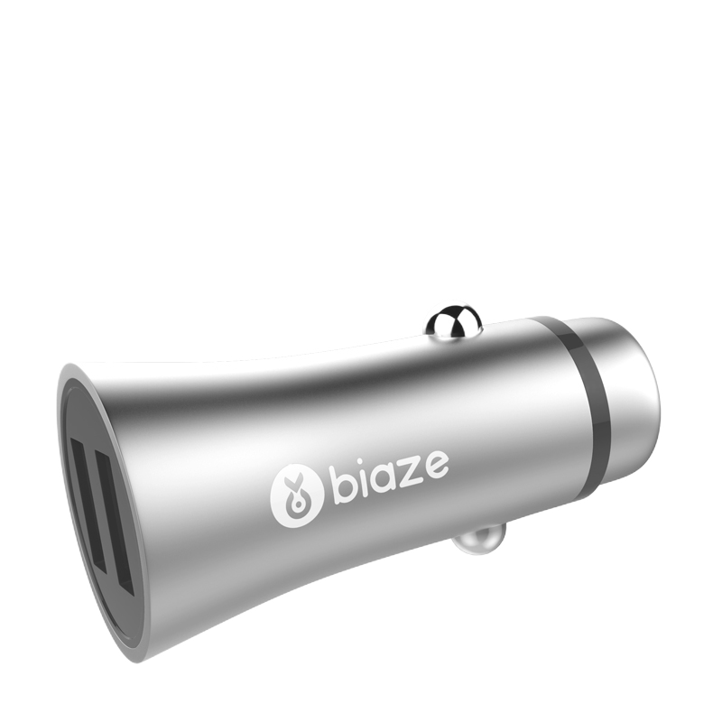 BIAZE Car Charger Cigarette Lighter Splitter Dual USB Metal Car Charger Adapter MC8 Silver