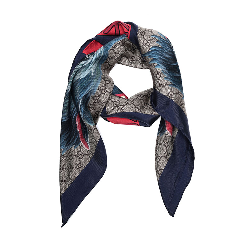 gucci 古驰 男士海军蓝多色拼色狼头图案桑蚕丝围巾 495527 4g001