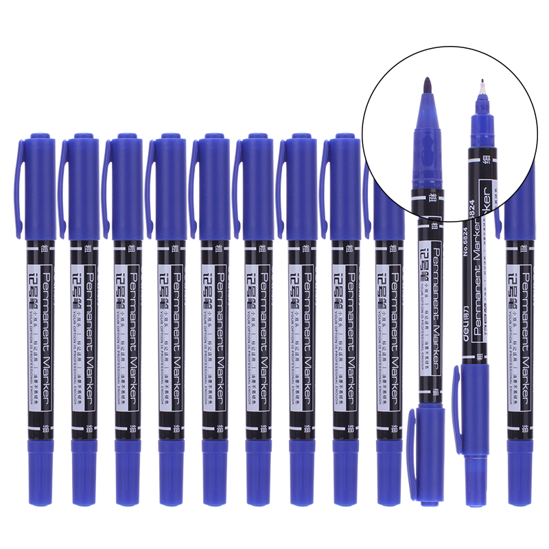 Deli Fine-Tip Double-Ended 0.5mm/1.2mm Logistics Express Oil-Based Marker Pen, Line Drawing Pen, Conference Signing Pen, Marker Pen, Blue, 12 Pcs/box, S831 for Academic Conferences And Sign-I