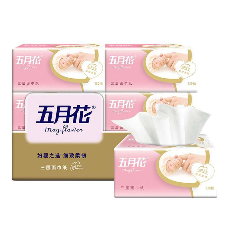 May Flower Facial Tissues, 3-Ply, 130 Sheets * 6 Packs, Size S, Delicate Soft Thick Skin-Friendly Facial Tissues