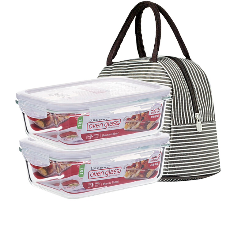 LOCK&LOCK Large Capacity Heat-Resistant Glass Food Storage Containers, Microwave-Safe Lunch Boxes, Sealed Bento Boxes, Meal Containers, Lunch Bags, 1L*2