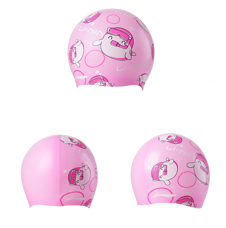 Li-Ning Children's Swimming Cap, Silicone Long Hair, Cute Non-Binding Cartoon Print Swim Cap for Boys And Girls, LSJN910-2 Pink 7