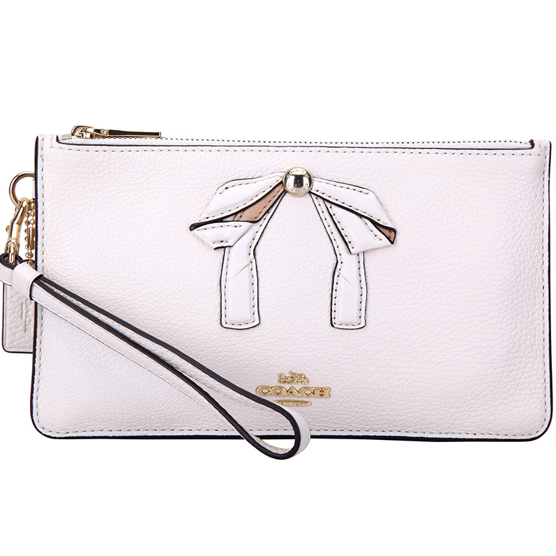 coach 蔻驰 奢侈品 女士白色蝴蝶结皮质大号手拿包零钱包 f29317