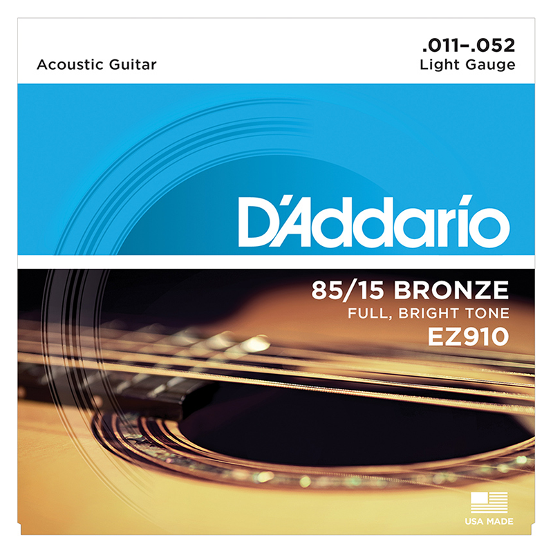 D'Addario EZ910 American Imported Acoustic Guitar Strings, Carbon Steel String Set 11-52 Brass