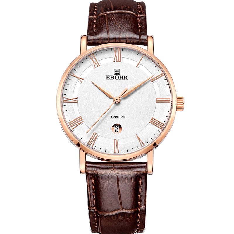 EBOHR Men's Watch, Master Series, Simple White Leather Strap Quartz Men's Watch, Birthday Mid-Autumn Festival Gift, 36000234