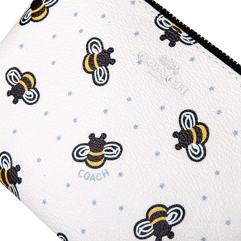 coach 蔻驰 奢侈品 女士白色小蜜蜂皮质短款手拿包零钱包 f26652 svc