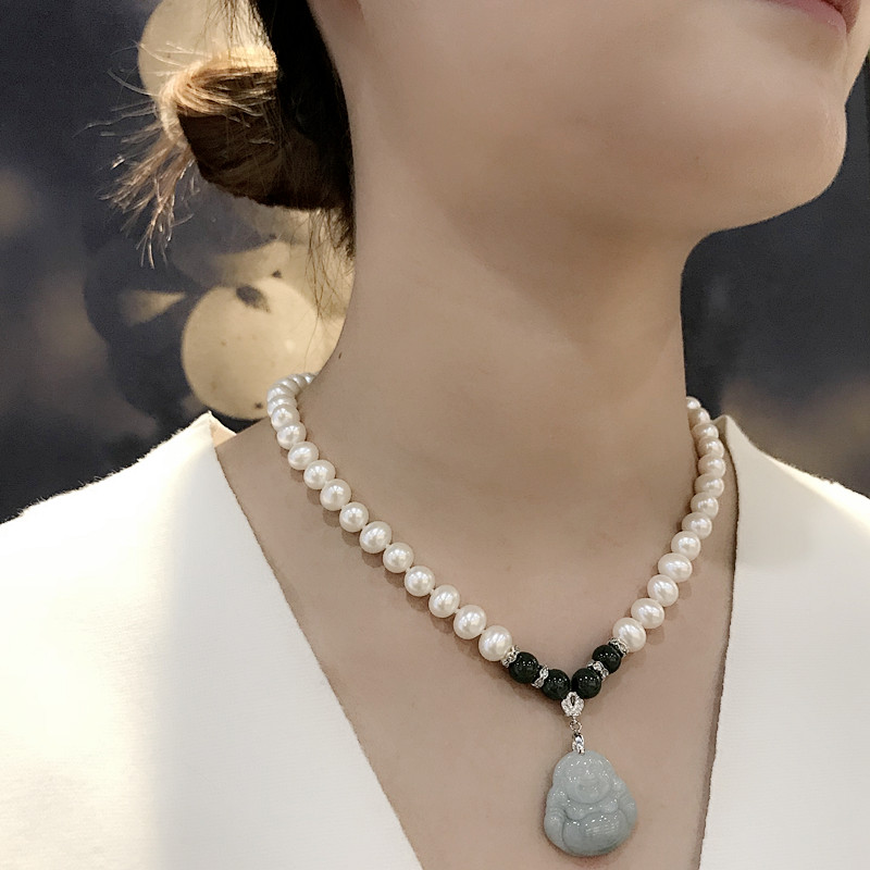 恒江珠宝近正圆强光白色淡水珍珠项链送妈妈婆婆翡翠玉佛吊坠 近圆 9