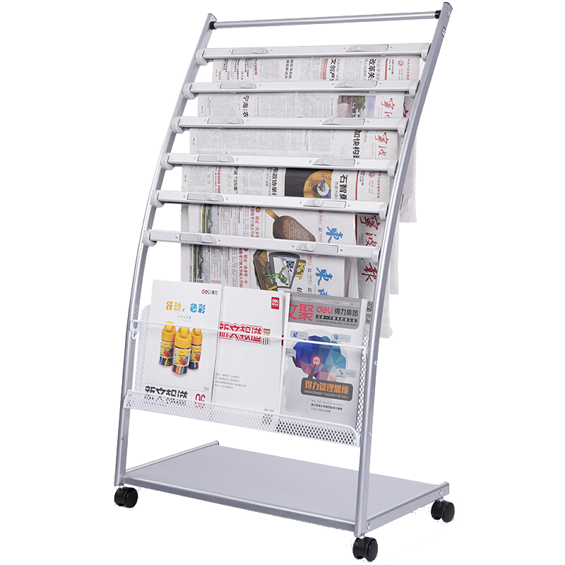 Deli 3-Tier Business Metal Newspaper Rack Magazine Rack Book Rack Brochure Display Shelf Floor Standing Document Rack Height 1.27m 9308 Y-Type 7+1 Layers Aluminum Alloy Clips