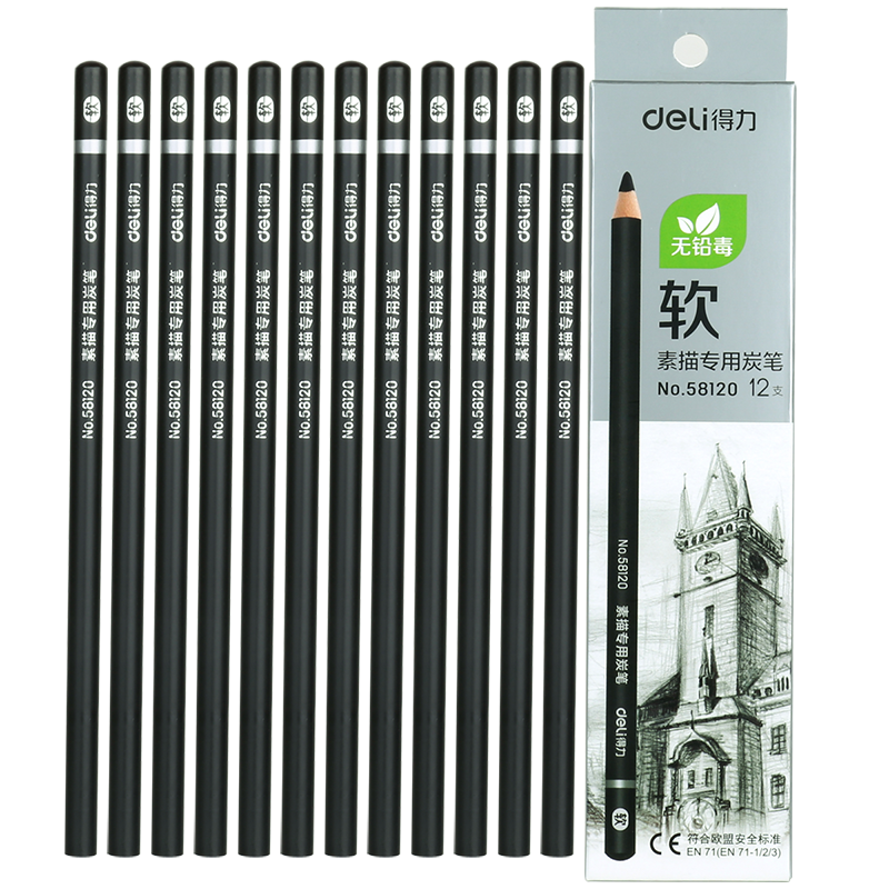 Deli 58120 Art Sketching Charcoal Pencils, Soft Version, 12 Pieces in Box, Professional Drawing, Hand-Drawing Sketching, Colored Pencils, Soft Version for Painting, Graduation Gift for Boys And Girls