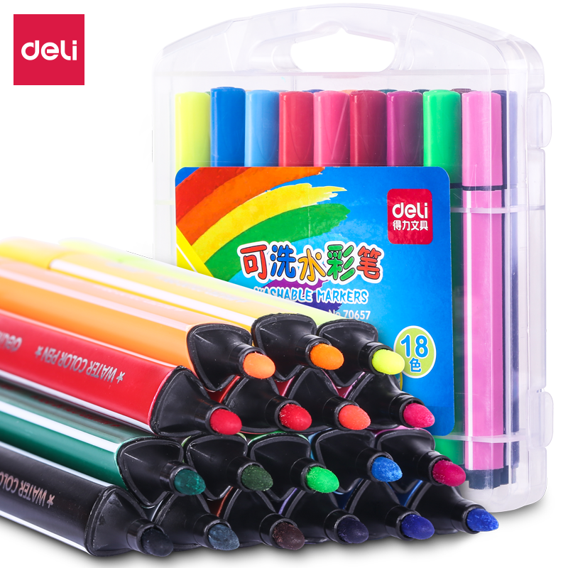 Deli Washable Watercolor Markers, Easy to Grip, for Students And Children, Drawing, Outlining, Coloring, Art Supplies, Thick Triangular Handle, 18 Colors/box, Watercolor Pens, Graduation Gift for Boys And Girls