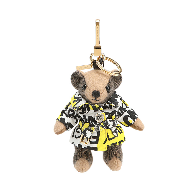 burberry 巴宝莉 女士驼色羊绒涂鸦印花trench风衣泰迪熊吊饰