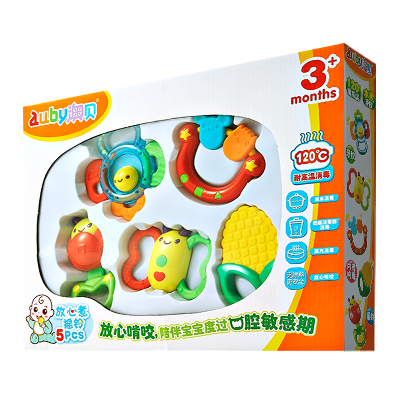 Auby Infant Rattle Teether Toy for Newborns And Babies 0-6 Months Safe to Boil 5pcs Full Moon Gift Set