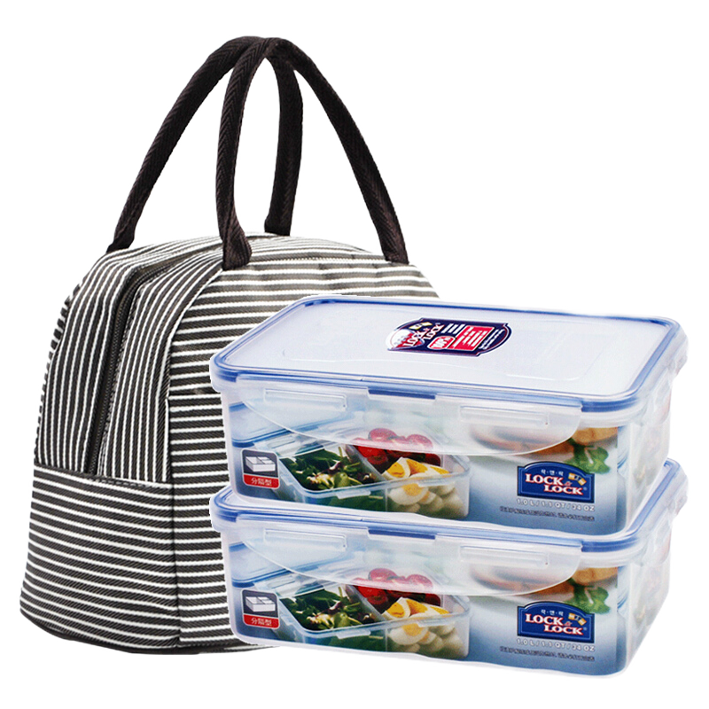 Lock & Lock Plastic Food Storage Containers Set of 2 with Divider, Airtight Lunch Boxes with Lunch Bag, 1000ml*2