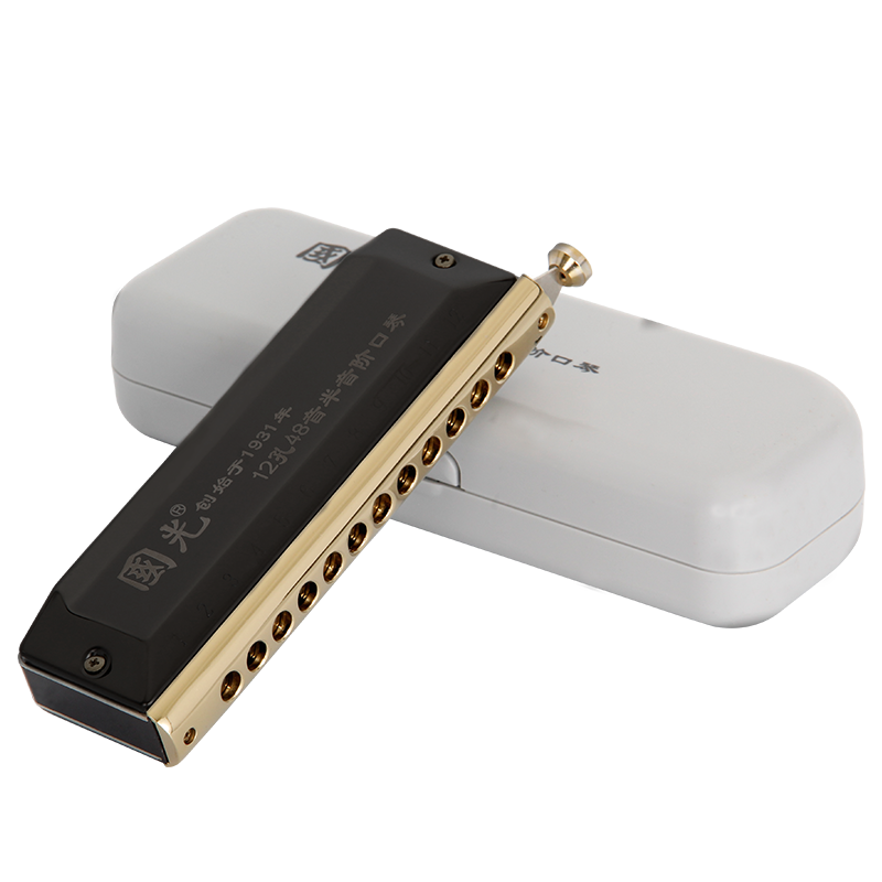 Guoguang 12-Hole 48-Tone Chromatic Harmonica (Black, Round Mouthpiece, Resin Case)