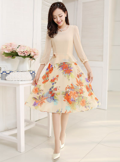 曼斯凡绅2016新款女装春装长袖淑女小清新气质修身时尚拼接印花雪纺