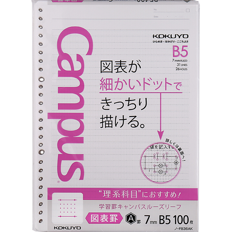 KOKUYO Imported Loose-Leaf Paper B5 Refill Notebook Pages, 7mm X 31 Lines, Science Paper 100 Sheets Per Book, NO-F836AK