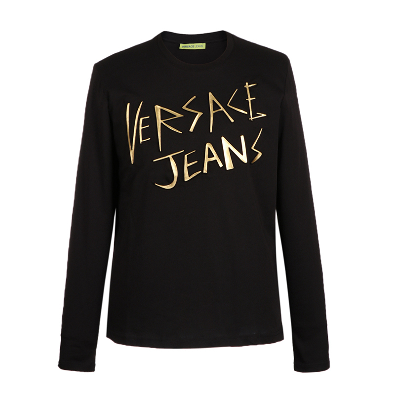 versace jeans 范思哲 奢侈品 18秋冬新款 男士黑色棉质银色胶印圆领