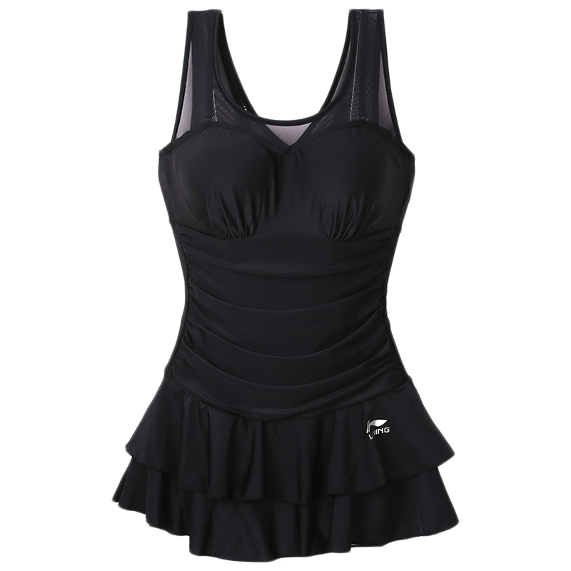 Li-Ning One-Piece Swimsuit for Women, Conservative Dress-Style, Boyshort, Push-Up, Tummy-Concealing, Slimming, Vacation Hot Spring Swimwear, 304 Black, 2XL