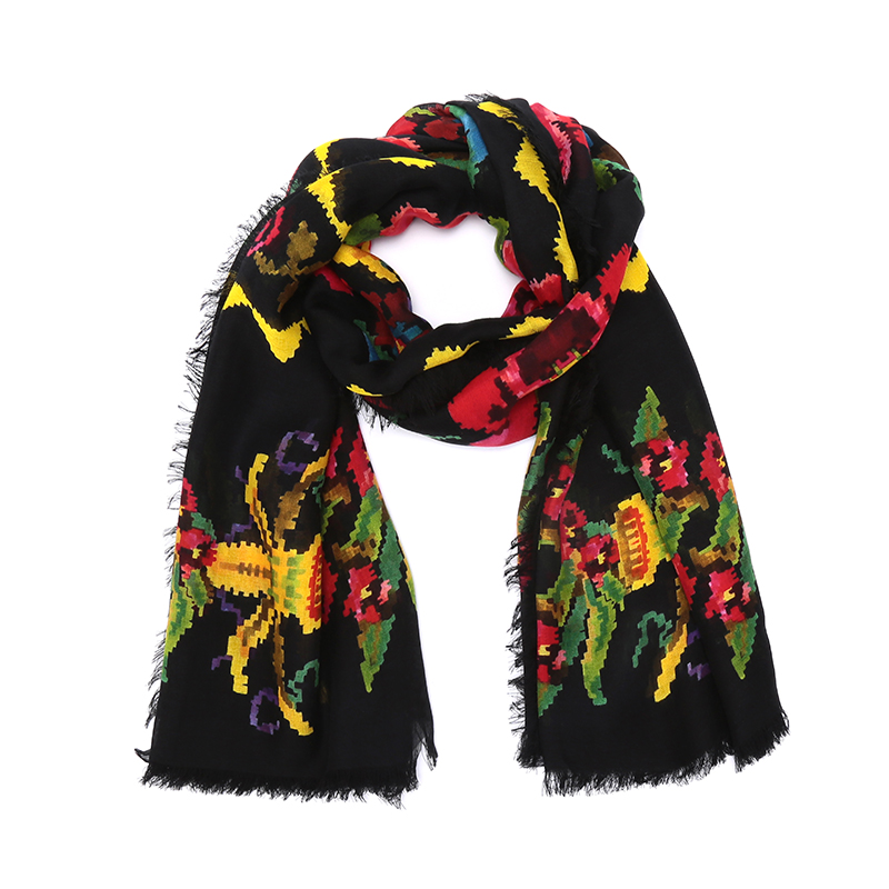 gucci 古驰 女士黑色花卉图案混纺围巾 488538 3g856 9888