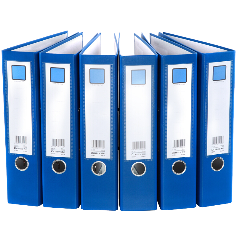 COMIX 6-Pack 3-Inch Thick European-Style Lever Arch File Folders, A4 Size with Holes, Loose-Leaf Folders, Manuscript Folders, Blue, A7076