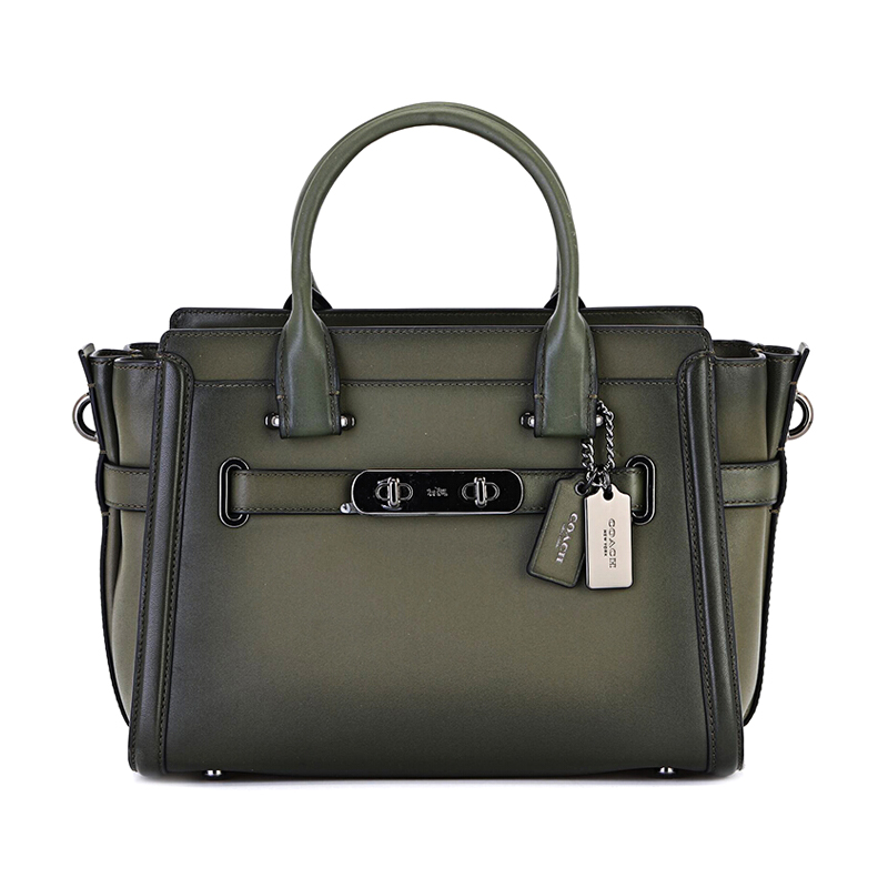 coach 蔻驰 女士军绿色抛光铬鞣皮革 swagger 27手提单肩包 38372 dk