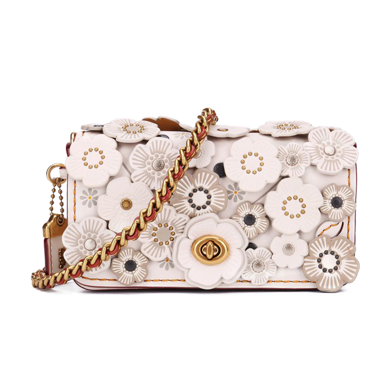 coach 蔻驰 奢侈品 女士米白色皮质小号立体花朵单肩斜跨包 10510 ol