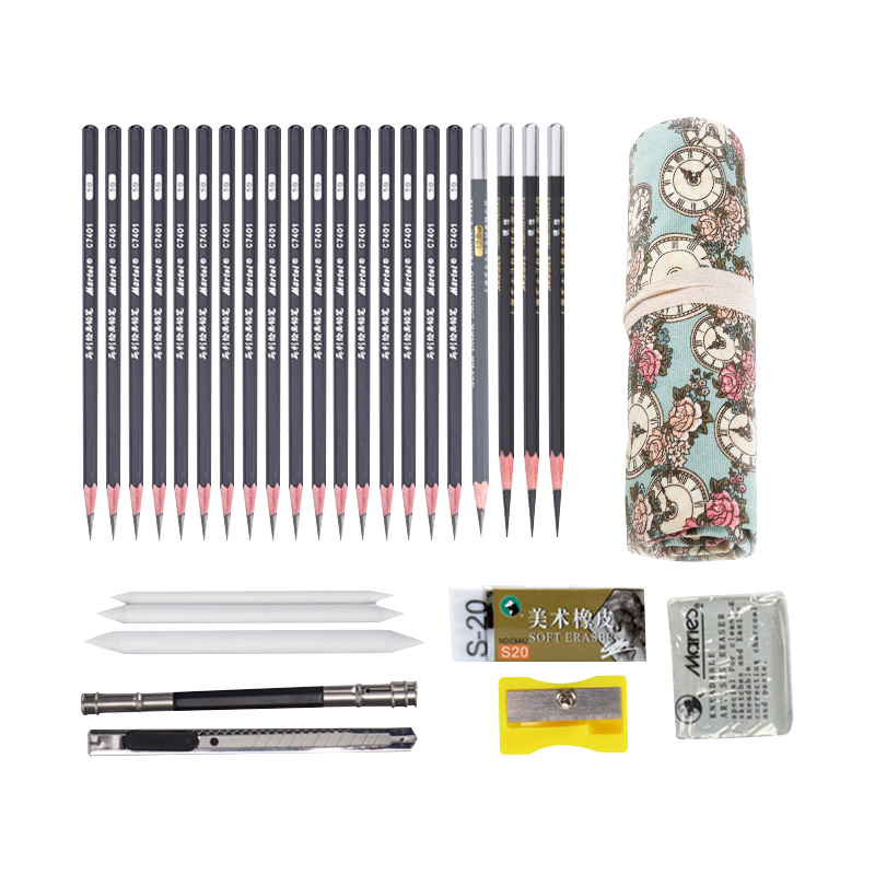 Marie's Sketching Pencil Set for Beginners, Students' Drawing Tools, Pencils, Charcoal Pencils, Erasers, Craft Knife, Paper Eraser, Rose Clock Pen And Brush
