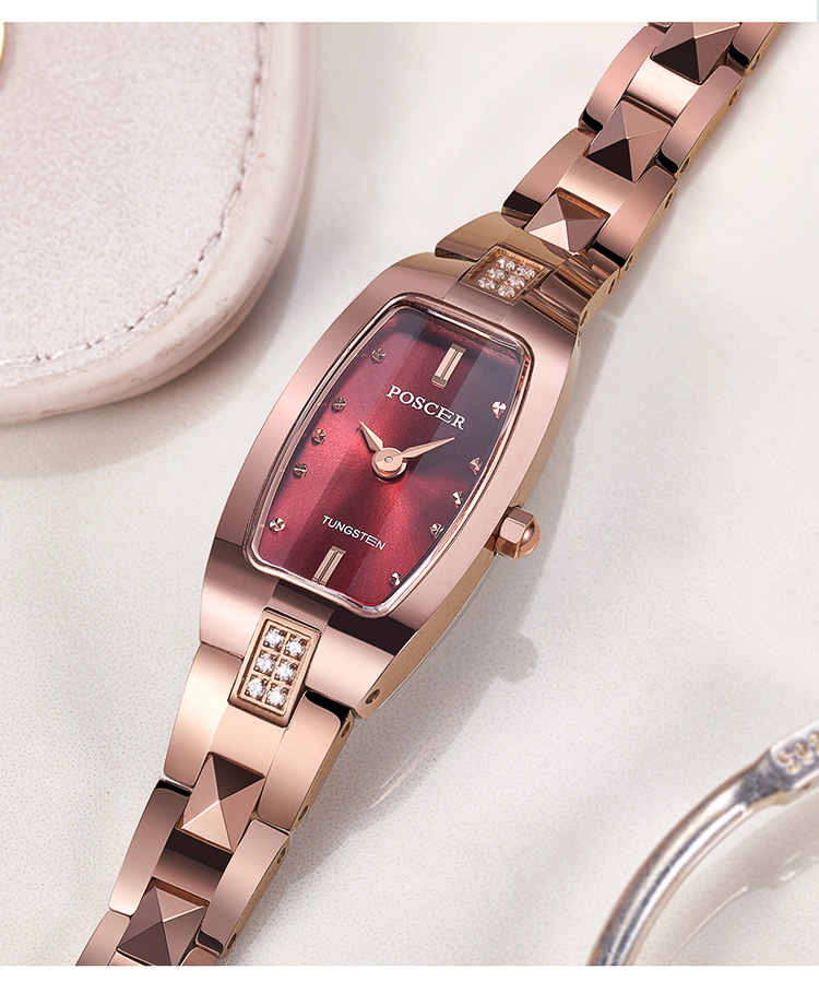 宝时捷(poscer)玫瑰金方形石英女表防水休闲钨钢手链款50022l.rrr