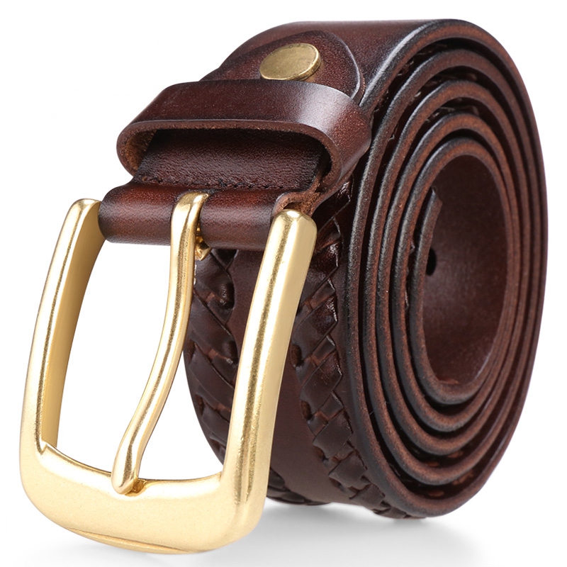 Cattlesboss Leather Belt for Men, Cowhide Waistband with Pin Buckle, Top-Grain Leather with Copper Buckle, Handwoven 1977, Dark Brown, 110cm
