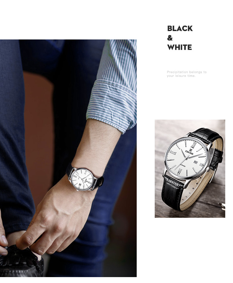 EBOHR Men's Watch, Master Series, Simple White Leather Strap Quartz Men's Watch, Birthday Mid-Autumn Festival Gift, 36000234 7