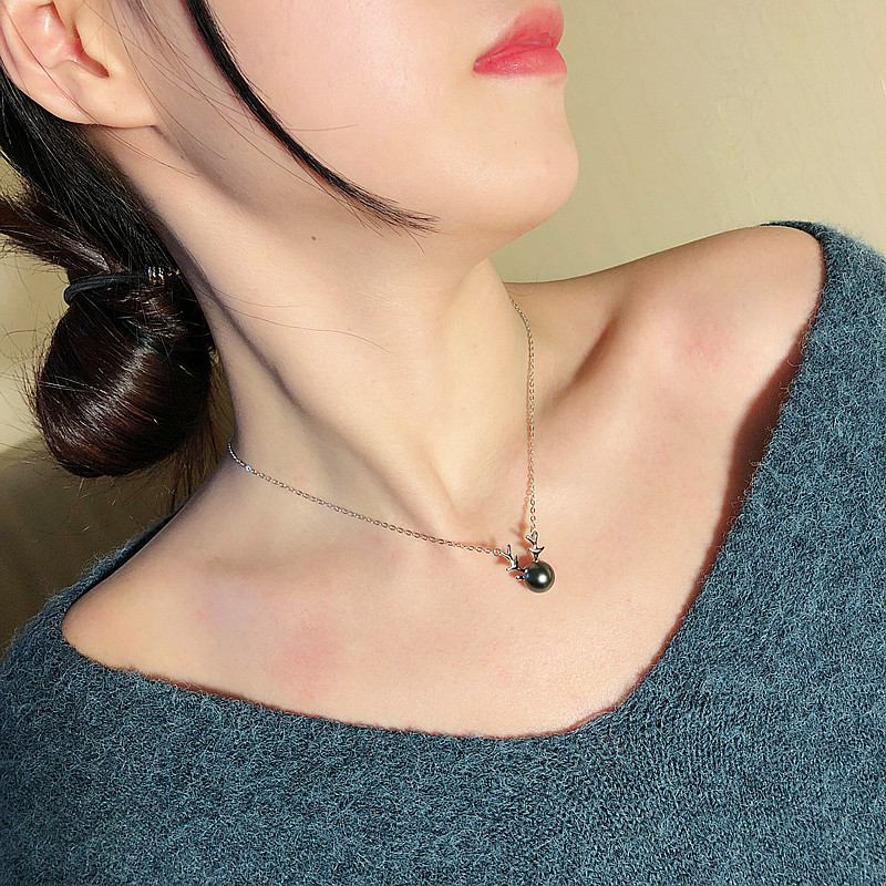 恒江925银项链海水珍珠吊坠麋鹿正圆单颗锁骨链大溪地黑珍珠正品