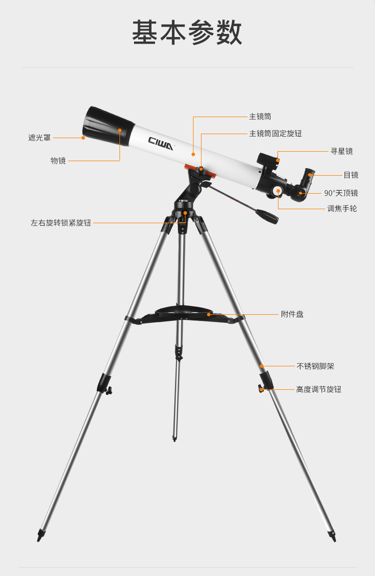 主镜筒x1,三角架x1,配件盘x1,天顶镜x1,10mm