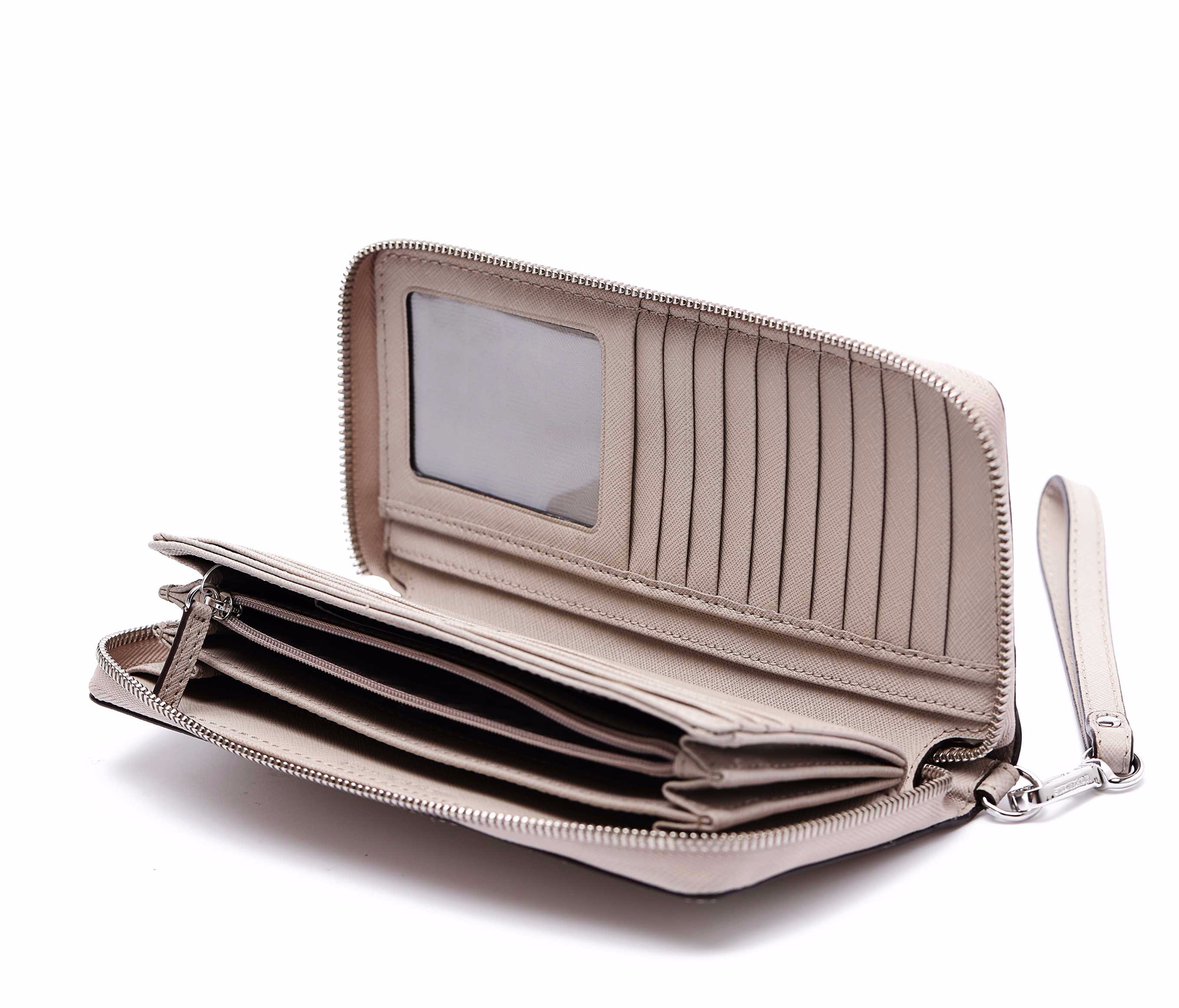 迈克·科尔斯 mk jet set travl系列卡其色中号牛皮女士长款拉链钱包